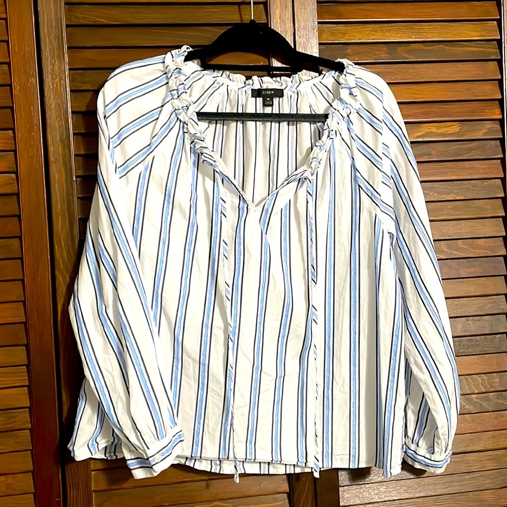 J. Crew blue striped cotton peasant blouse M medium navy white splint neck
